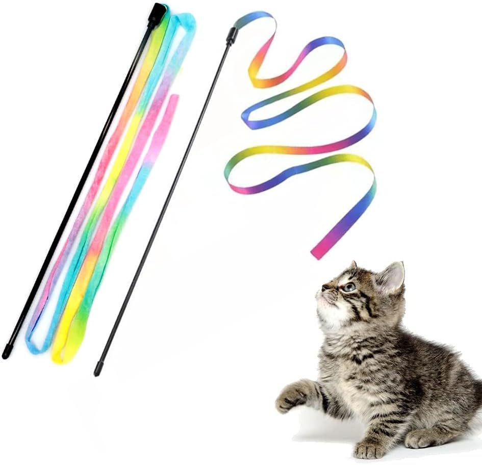 Interactive Cat Rainbow Wand Toys Interactive Cat Teaser Wand String Colorful Ribbon Charmer For Most Cats