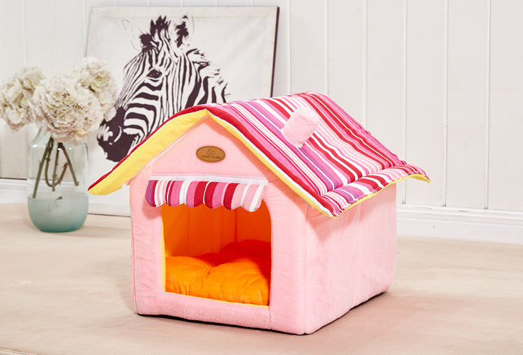 New Fashion Striped Removable Cover Mat Dog House Dog Beds For Small Medium Dogs Pet Products House Pet Beds for Cat Pink