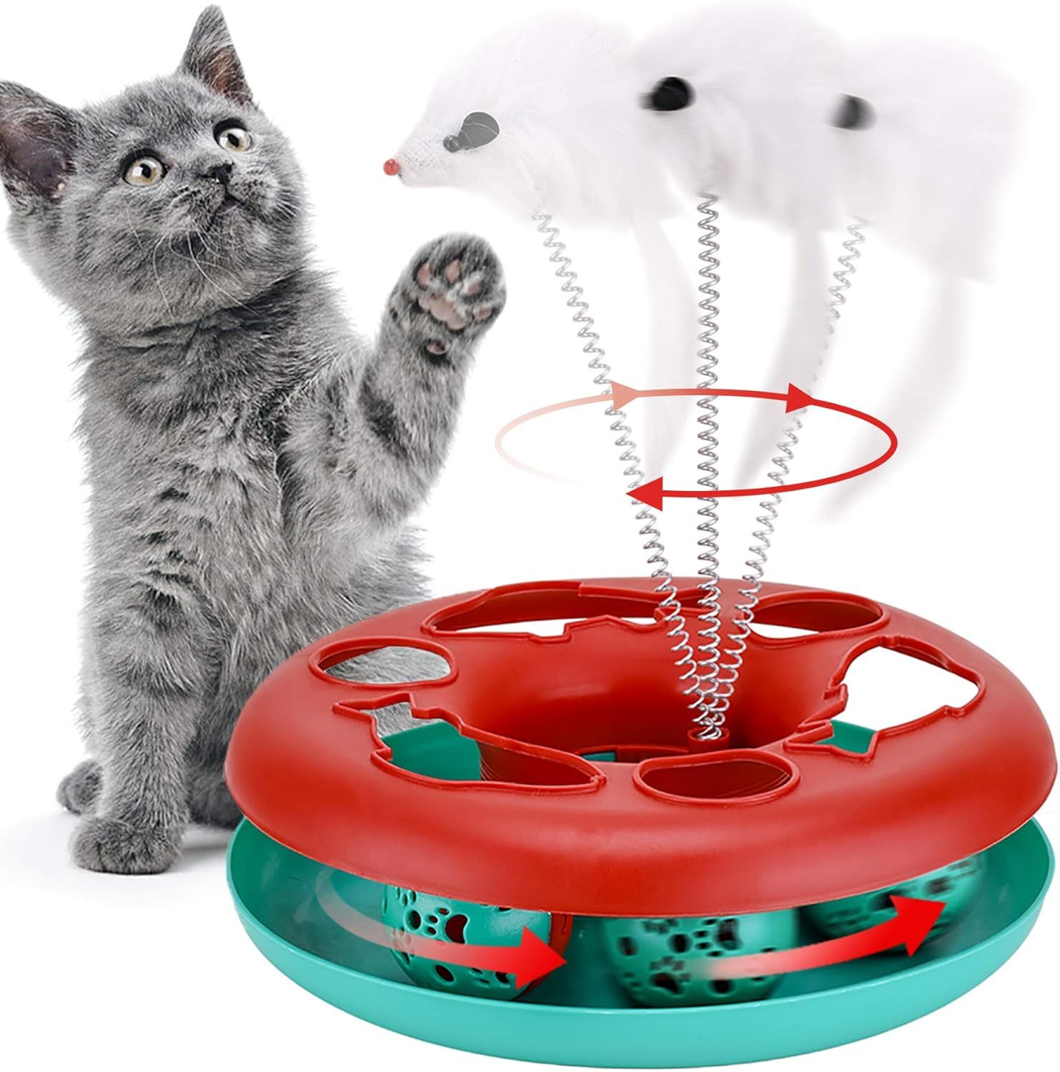 Cat Toys Cat Toys For Indoor Cats Interactive Kitten Toys Roller Tracks With Catnip Spring Pet Toy With Exercise Balls Teaser Mouse Red