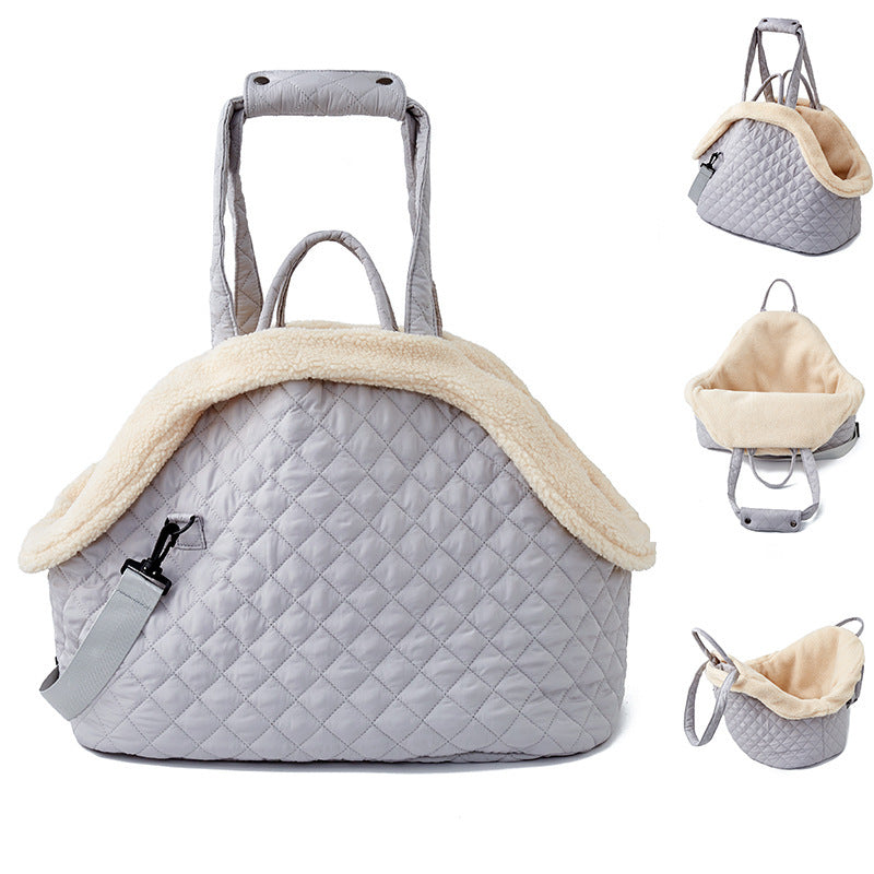 Autumn And Winter Rhombus Korean Style Quilted Pet Portable Single-shoulder Bag Cat Teddy Travel Portable Pet Bag Large Light Gray