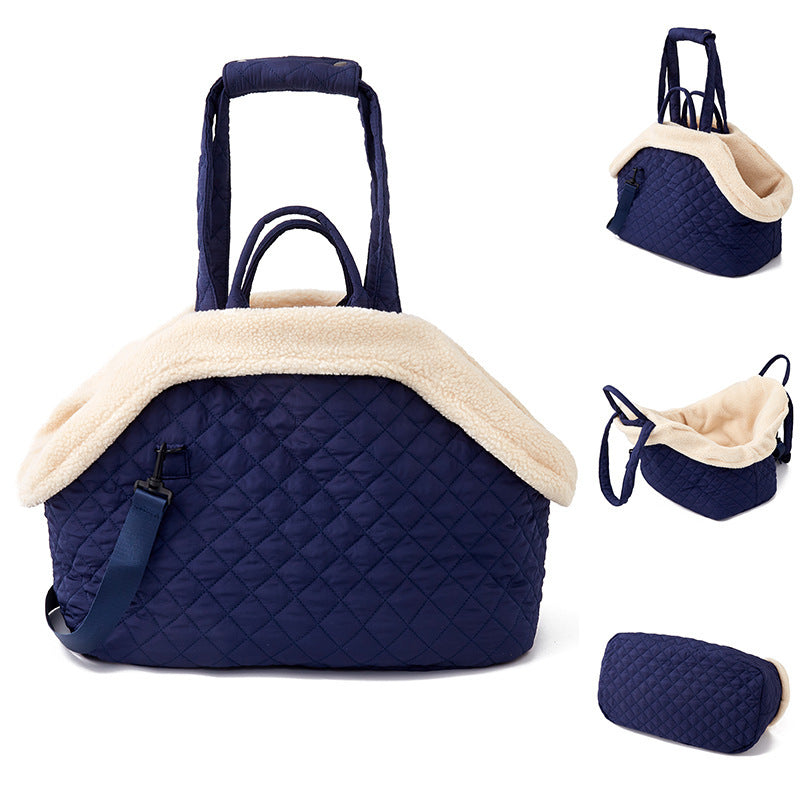 Autumn And Winter Rhombus Korean Style Quilted Pet Portable Single-shoulder Bag Cat Teddy Travel Portable Pet Bag Large Dark Blue