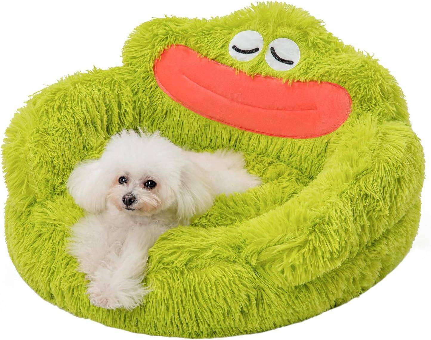 Cute Calming Dog And Cat Bed Plush Indoor Donut Dog Beds For Small Dogs And Cats Cute Cartoon Soft Bed Green Mouth