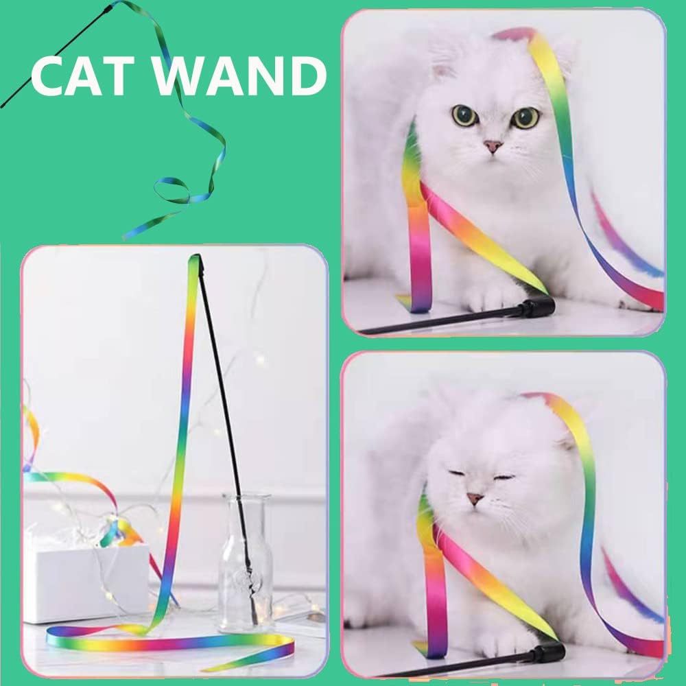 Interactive Cat Rainbow Wand Toys Interactive Cat Teaser Wand String Colorful Ribbon Charmer For Most Cats