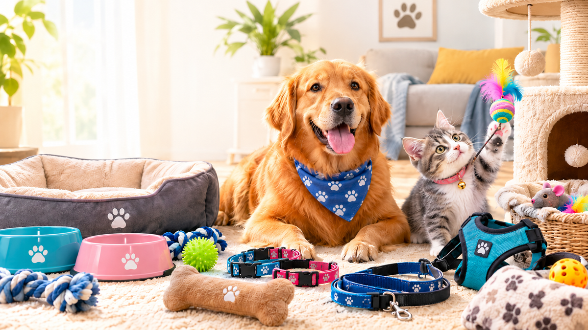 Pawsome Hub pet store banner featuring a playful dog and cat surrounded by pet toys and accessories